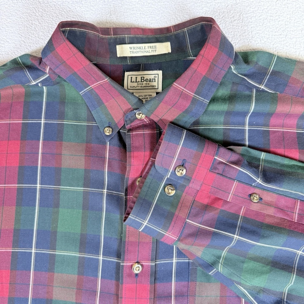 LL Bean Mens Size XL Regular Wool Blend Flannel Shirt Green Navy Plaid